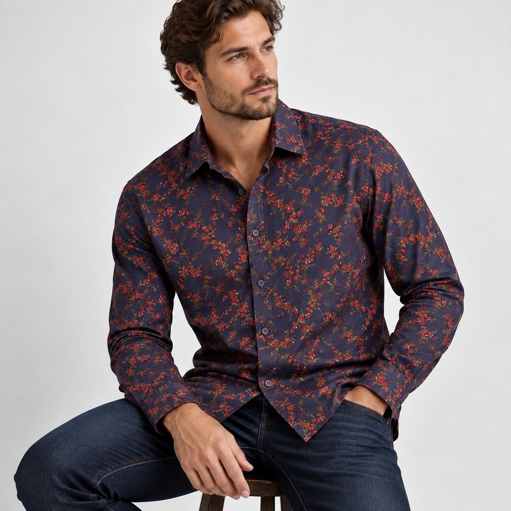 Barabas Mens XL Floral Shirt Purple Red 100% Cotton Button Up Long Sleeve